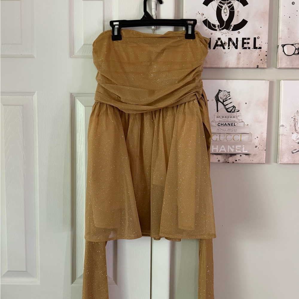 BabyBoo M Strapless Gold/Shimmer Dress with Bow, worn once!